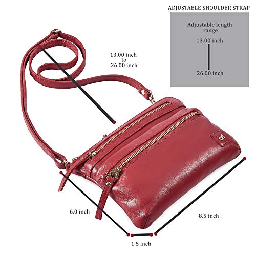 Small Leather Crossbody Bag for Women Adjustable Sling Purse Multi Pocket | Genuine Top Grain Leather, 4 Zip Pockets, Cross Over for Travel, Gift for Women, Phone Pocket - color: Red Nappa