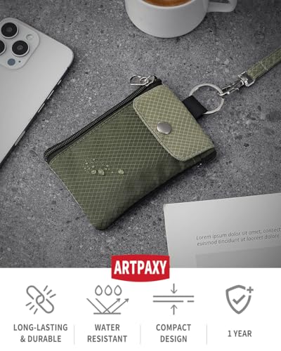 Artpaxy Minimalist Wallet For Mens Womens, Keychain RFID Blocking Zipper Small Wallet with ID Window 2 Lanyards,Water Resistant Travel Cash Card Coin Case Boys Girls - color: Army green+Light gray green