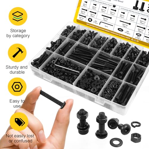 1500PCS M4 Hex Socket Cap Head & Button Head Screws and Nuts Kit | M4-0.7*4/6/8/12/16/20/25/30/35 mm Bolts,Nuts and Washers Assortment Kit, 12.9 & 10.9 Grade Black Zinc Plated for 3D Printer - size: M4 1500pcs