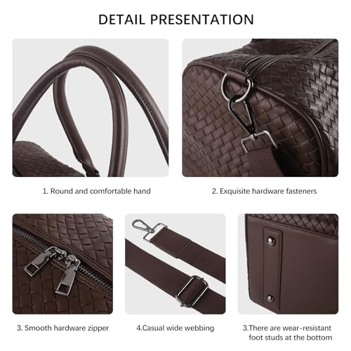 Weekender Bags for Women Woven Leather Travel Duffle Bag Gym Tote (Coffee) | Carry On Bag for Men with Shoe Compartment Dry and Wet Separation - color: Coffee