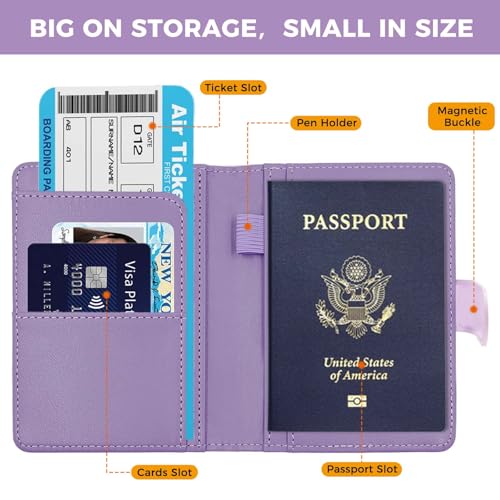 Melsbrinna Premium Leather Passport Holder Covers Case, Waterproof Rfid Blocking Travel Wallet Passport Holder with Pen Holder, Cute Passport Book for Women/Men - color: BA-LG PURPLE