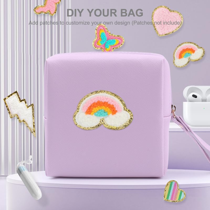 Sanitary Napkin Period bag for Women, Sanitary Napkin Storage Bag, PU Leather Sanitary Pad Bags Pounch, Portable Tampons Zipper Organizer Bag with Handle for Ladies - color: Purple
