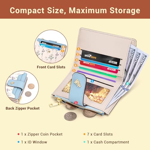 YINHEXI Women’s Wallet, Compact and Small Bifold PU Leather Card Holder, Mini Purse with Coin Pocket for Ladies, Girls (Floral Blue) - color: Floral Blue