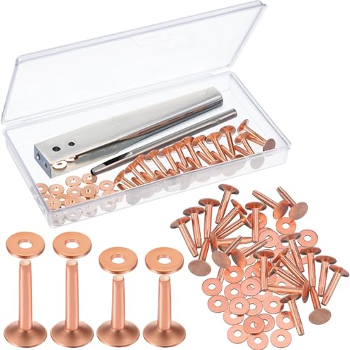 Hotop 50pcs Copper Rivet and Burr Washers for Leather Work #9 and #12 Brass Rivets Setter Install Setting Tool with Hole Punch Cutter Kit for Belts Wallets Collars Leather DIY Craft Supplies