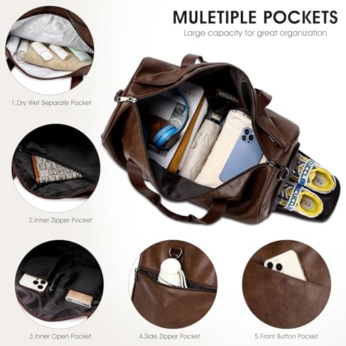 3PCS Faux Leather Weekender Bag for Women Men Travel Bag Overnight Bags | Leather Travel Duffel Bags for Traveling with Shoe Compartment Toiletry Packing Cube Carry On Tote Bag Men Fit 21.5" Laptop - color: Coffee