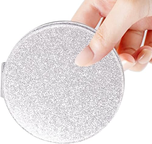 Silver Compact Mirror for Women,Magnifying Travel Mirror with Glitter,Double-Sided Small Pocket Mirror,Portable 2 x 1x Magnification Folding Makeup Mirror,Cosmetic Mirror for Gift - color: Silver-round