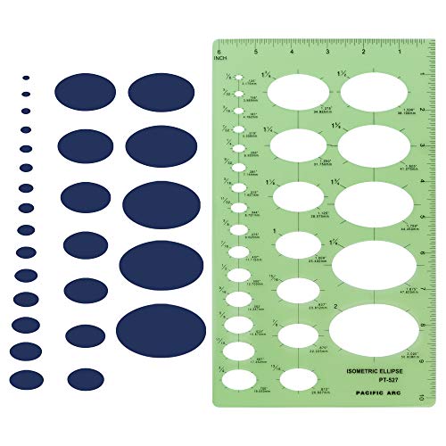 Pacific Arc Isometric Ellipse Guide Template, 27 Total Ellipse from 1/8 Inch to 2 Inch with Inch Graduations - style: Large Isometric Ellipses