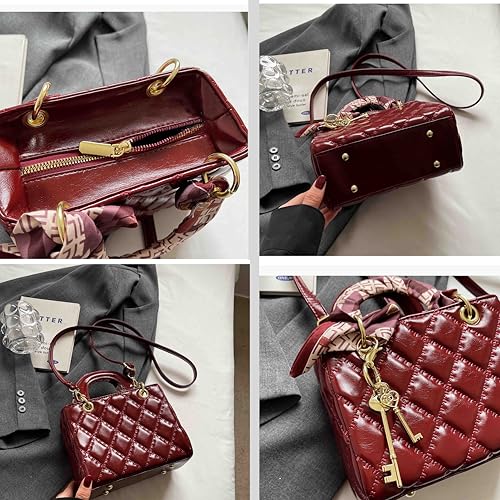 Quilted Square Box Bag for Women, Vegan Leather Vanity Purse - color: Burgundy