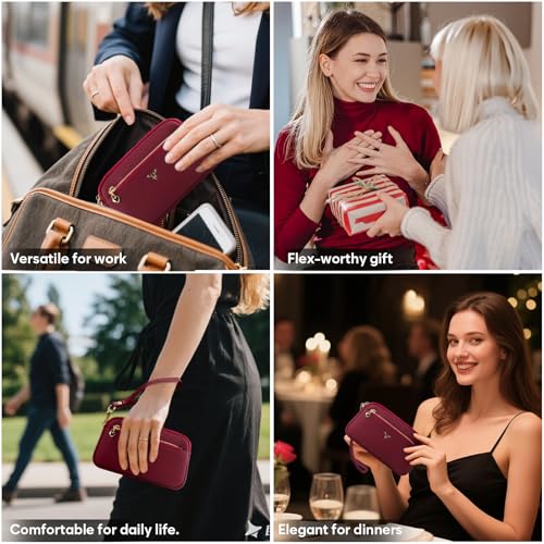 Genuine Leather Wristlet Wallets for Women Clutch Purse with Detachable Strap Slim Phone Wallet for Travel Wedding - color: Red