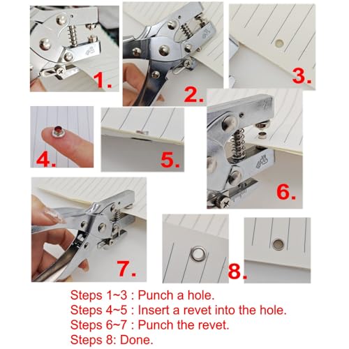 JZK Heavy Duty 5mm Single Hole Punch and Eyelet riveting Pliers Set with 200 Silver Rivet for Paper Cardboard Leather Belt Cloth Thin Plastic, Metal Stud Punch kit Hole Puncher Tool