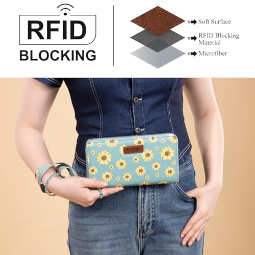 Wrangler Large Wristlet Wallet Women Daisy Wallets, Card Cases & Money Organizers Bifold Keychain Wallets Credit Card Phone Clutch Wallet Ladies Female with Smooth Zipper and ID Window - color: Daisy-Jeans Blue