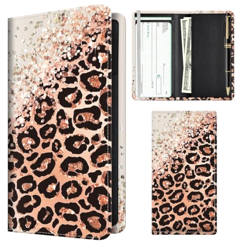 Checkbook Cover for Personal Checkbook, Cute Pu Leather Check Book for Women & Men, Slim Checkbook Holder with Pen Holder and Built-in Clear Plastic Divider, Pink Leopard - color: Pink Leopard