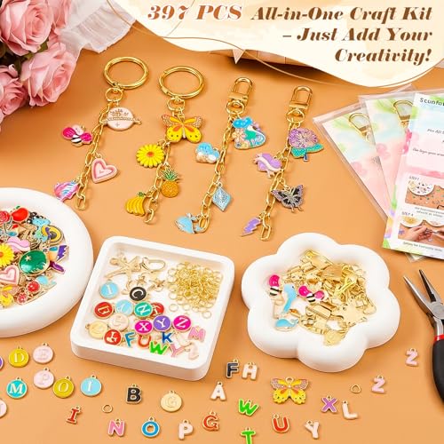 Ecoofor 397 Pcs Keychain Making Kit for Kids & Adults — Includes 16 Keychain Clips, 15 Extender Chains, 107 Charms, Beading Accessories, Jewelry Pliers — DIY Bag Charms & Jewelry Craft Kit Supplies - color: Gold-397Pcs Kit