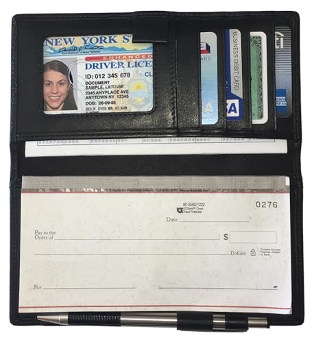 RFID Leather Checkbook Cover With Credit Card Slots and Pen Holder - color: Black