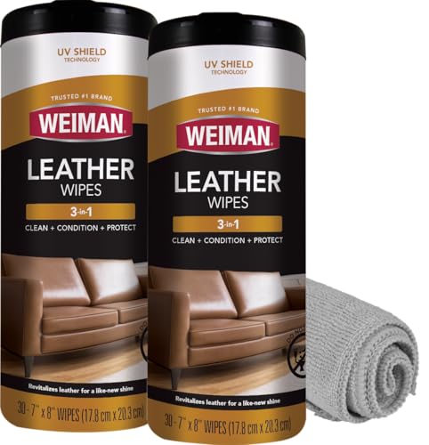 Weiman Leather Cleaner, Conditioner & Protector, 2 Pack Wipe with Cloth | UV Protection from Cracking & Fading, All Finished Leather Surfaces, Auto, Sofas, Shoe, Bag & Jacket - size: 1 Count (Pack of 2)