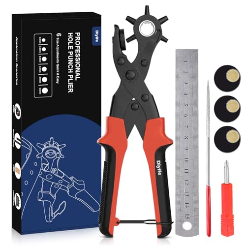 Diyife Leather Hole Puncher, Full Set Punch Tool Kits for Belts, Leather | Double-lever Design, Sturdy & Durable, Safety Locking Handles, 3 Extra Punch Plates Included, 6-Size Quick Adjustment, Red - color: Red