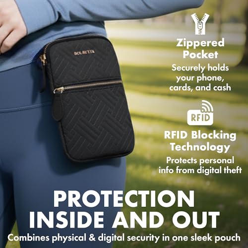Magnetic Hip Pouch - RFID Blocking Pouch and Key Fob Protector - Zippered Pocket, Magnetic Snaplock Attachment - Lightweight Travel Wallet, Hip Bag for Concerts and Errands - Black Quilt - color: Black