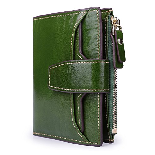 Women's RFID Blocking Leather Small Compact Bi-fold Zipper Pocket Wallet Card Case Purse with id Window - color: Waxed Green