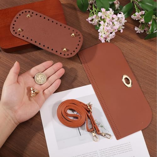 beinkmake PU Leather Purse Crochet Set, Coffee Oval Bag Bottom with Flap Cover and Adjustable Shoulder Strap, DIY PU Leather Bag Knitting Set for Handbag, Purse and Crossbody Bags Making - color: Coffee