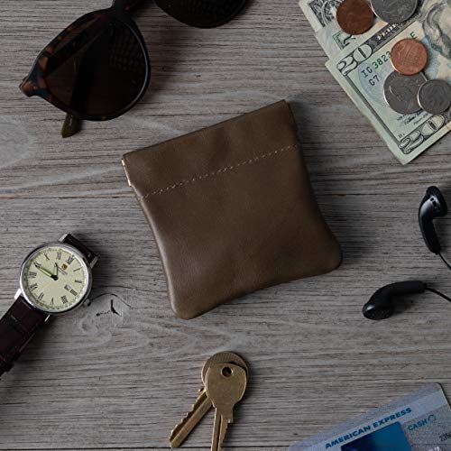 Genuine Leather Squeeze Coin Purse, Coin Pouch Made IN U.S.A. Change Holder For Men/Woman Size 3.5 X 3.5 - color: olive