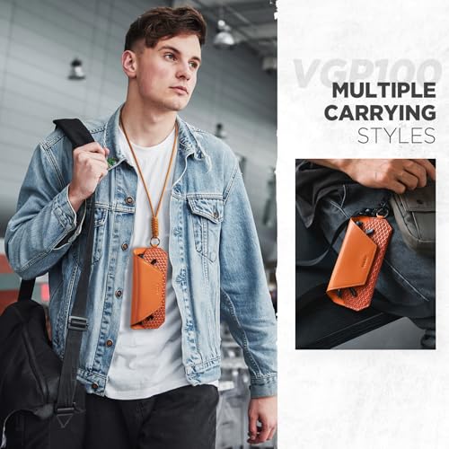 VULKIT Portable Leather Eye Glasses Case for Women & Men, Slim Sunglass Case, Unisex Eyeglass Case - color: Tangerine Rush With Lanyard