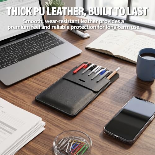 Heavy Duty PU Leather Pen Pouch for Men, Fits Shirts/Lab Coats/Pants, Holds 5 Pens, Prevents Falling When Bending, No Broken Clip, Also Holds Pencils, Pointers, Cards & Notes, Black, 2/Pack