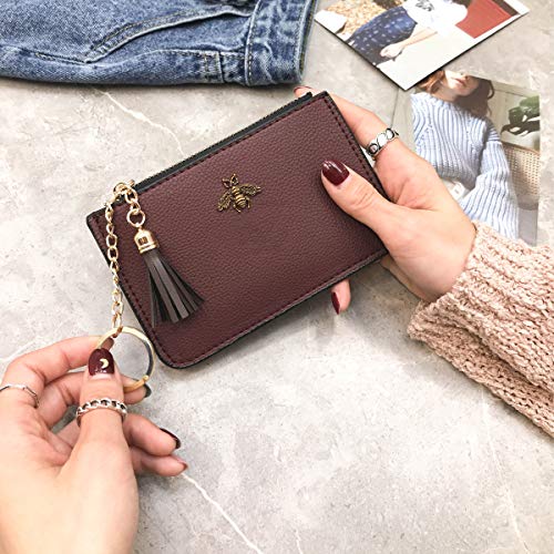 Coin Purse Change Wallet Pouch Leather Card Holder with Key Chain Tassel Zip(Burgundy) - color: Burgundy