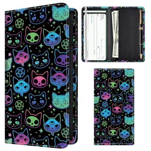 Checkbook Cover for Personal Checkbook, Cute Pu Leather Check Book for Women & Men, Slim Checkbook Holder with Pen Holder and Built-in Clear Plastic Divider, Neon Cat - color: Neon Cat