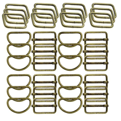 Metal Belt Buckle Hardware Set, 36 Pieces, 1-1/2 Inch, D-Rings and Slide Buckles, Rectangle Ring - color: Bronze