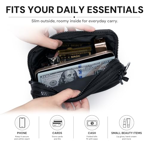 Nylon Wristlet Wallets for Women, Zip Crossbody Phone Purse with Card Slots | Two detachable straps, 8 card slots, clear ID window, dual compartments, and room for a 6.9-inch phone - color: Black