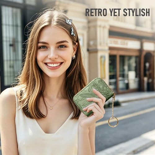 credit card holder for women，Embossed leather Rfid wallet women， KeyChain Wallet - color: Green