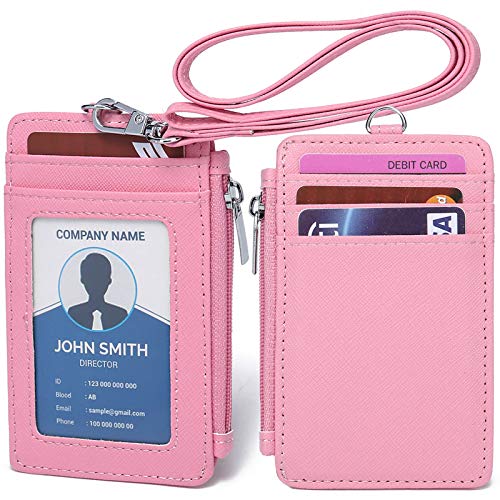 ID Badge Holder with Neck Lanyard PU Leather ID Badge Wallet Case with 1 ID Window, 4 Card Slots, 1 Side Zipper Pocket (Pink) - color: Pink