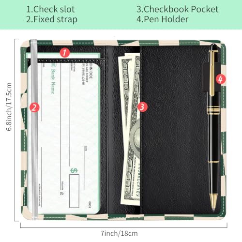 Checkbook Cover for Personal Checkbook, Cute Pu Leather Check Book for Women & Men, Slim Checkbook Holder with Pen Holder and Built-in Clear Plastic Divider, Green Checker - color: Green Checker