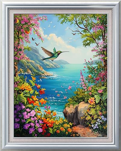 Cross Stitch Stamped Kits for Beginners Adults or Kids Patterns Craft Kit Needlepoint Full Range of Embroidery Starter Kits DIY 11CT 3 Strands | Seaside Hummingbirds and Flowers 13.4×17.7 inches - color: 11CT Stamped kits,Seaside Hummingbirds and Flowers