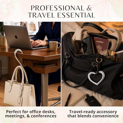 HOOK UP Luxury Purse Table Hook Holds 30 lbs, Platinum Finish Purse Hanger | Portable Handbag Holder for Women | Patented Bag Hook for Desk, Travel, Cafe & Office | Foldable Heart Design Purse hook - color: Platinum
