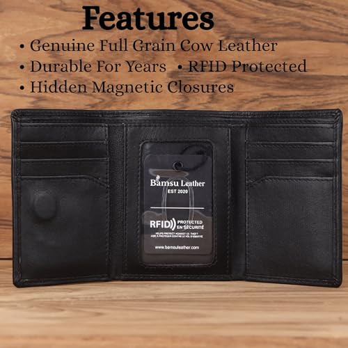 Men’s Trifold Leather Wallet with Deer Emboss & Red Accent Trim | Full-Grain Nappa Leather | RFID Blocking Slim Card Holder | Gift for Husband, Dad, Boyfriend - style: Red Edge Deer