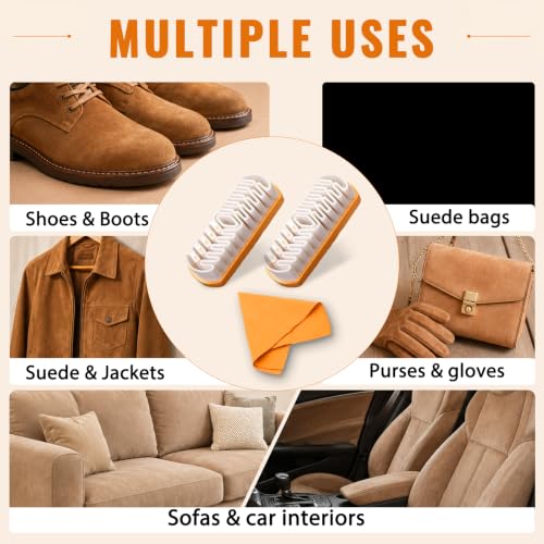 2PCS Suede Brush Cleaning Kit with Microfiber Cloth for Suede Footwear | Soft rubber bristle brush, gentle dirt removal, portable & reusable, works for shoes, bags, jackets, sofa and car interior