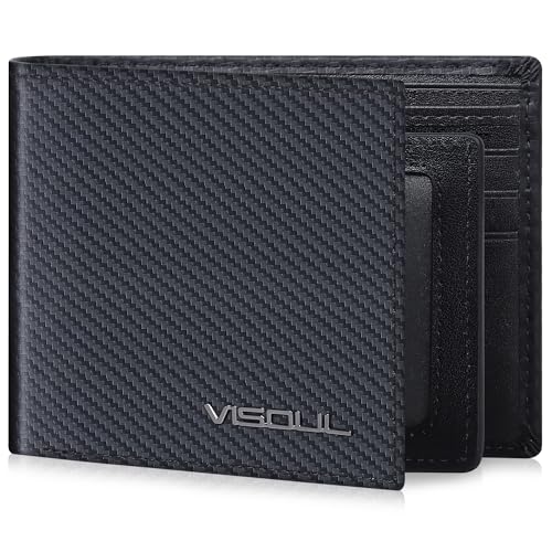 VISOUL Mens Carbon Fiber Leather Bifold Wallet with 2 ID Windows, RFID Blocking Secure Designer Wallets for Men with Two Cash Compartments (Black+Black) - color: Black+Black
