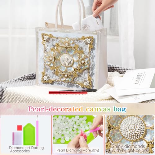 Xylzzuit DIY Pearl Painting Canvas Tote Bag Kit 11.42IN Diamond Art Handbag for Women Shopping Grocery Bag Dots Beads Art Craft Gift (Flower02) - color: Flower02