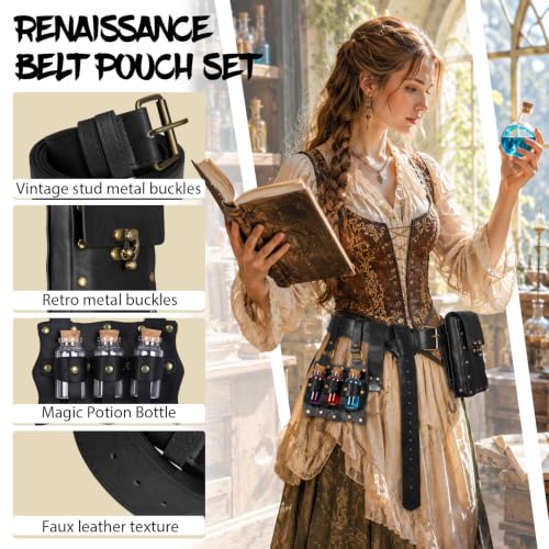 Renaissance Belt Pouch Medieval Pirate Costume Accessories Set for Cosplay | Viking Faux Leather Waist Bag, Skirt Hike Clips, Perfect for Women and Men Ren Faire, LARP, Fantasy, Halloween - color: Black-G