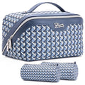 BOYATU Travel Makeup Bag Cosmetic Bags for Women: 3 Pcs Set Make up Bag | Large Capacity Waterproof Vegan Leather Organizer Bags with Compartments - Lay flat Toiletry with Handle (M-77Blue) - color: M-77Blue