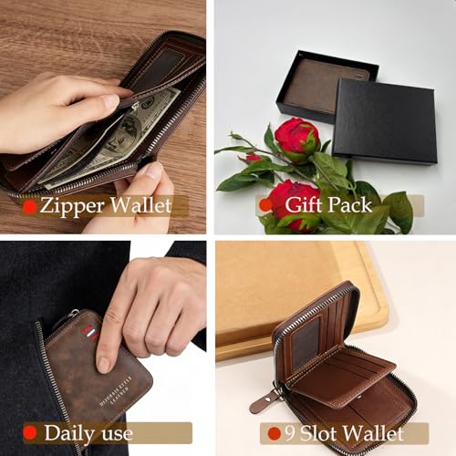 Men'S Slim Leather Bi-Fold Zipper Closure Coffee Front Coin Pocket Wallet | Coffee Brown Men Small Retro Zip Pu Wallet With 9 Card Slots Holder, 2 Id Clear Windows, Durable Stitching, Gift Box Included - size: Zipper Wallet
