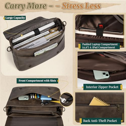 RAINSMORE Vintage Flap Messenger Bag for Men PU Leather Laptop Bag 15.6 Inch Mens Briefcase Waterproof Satchel Computer Bag - color: Wood