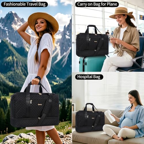 Stuery Weekender Bags for Women with Toiletry Bags: Large Overnight Bags Travel Duffel Bag Carry On Shoulder Weekend Tote with Shoe Compartment and Wet Pocket for Girls Airplane Traveling,Dark - color: B-3PCS All Dark