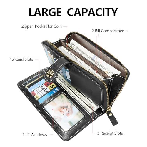 TFKGS Wallet for Women RFID Blocking Leather Large Capacity Card Holder Ladies Phone Clutch Travel Long Purse Wristlet | RFID Blocking - color: 1-Black
