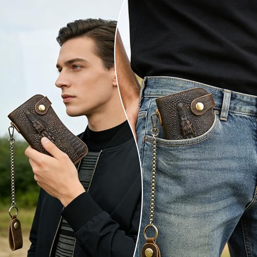 Genuine Crazy Horse Leather Travel Gift Coin Pocket Card Case Long Organizer Chain Rfid Wallet Purse With Snap For Men Male 1088 (1088 Dark Brown-Crocodile) - color: 1088 Dark Brown-Crocodile