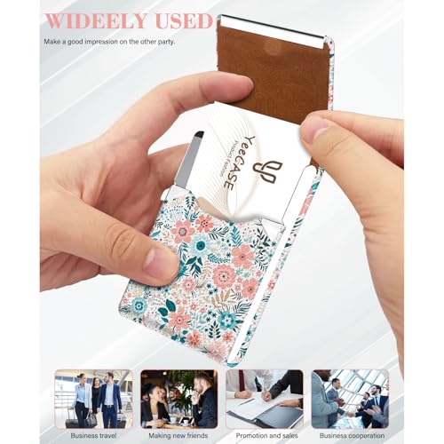 2Pack Leather Stainless Steel Business Card Holder, Metal Slim Business Card Case for Women or Men, Pocket Business Card Carrier with Prints, Magnetic Closure, RFID Blocking - color: Flower-Daisy
