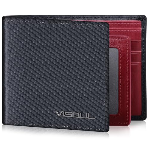 VISOUL Mens Wallet Bifold RFID Protected with 2 ID Windows 8 Credit Card Slots 2 Cash Compartments, Carbon Fiber Leather Wallet for Men Gift Box (Black+Burgundy) - color: Black+Burgundy