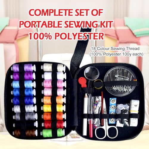 Sewing Kit with Case Portable Sewing Supplies for Home Traveler, Adults, Beginner, Emergency, Contains 18 Sewing Thread, Scissors, Needles, Measure etc - color: Black, size: 1 Pack