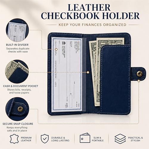 Genuine Blue Leather Checkbook Cover - Handmade Check Holder with Divider & ID Window, Slim Organizer Wallet for Business, Travel & Everyday Use, 3.5 x 7 - color: Blue Leather Checkbook Cover